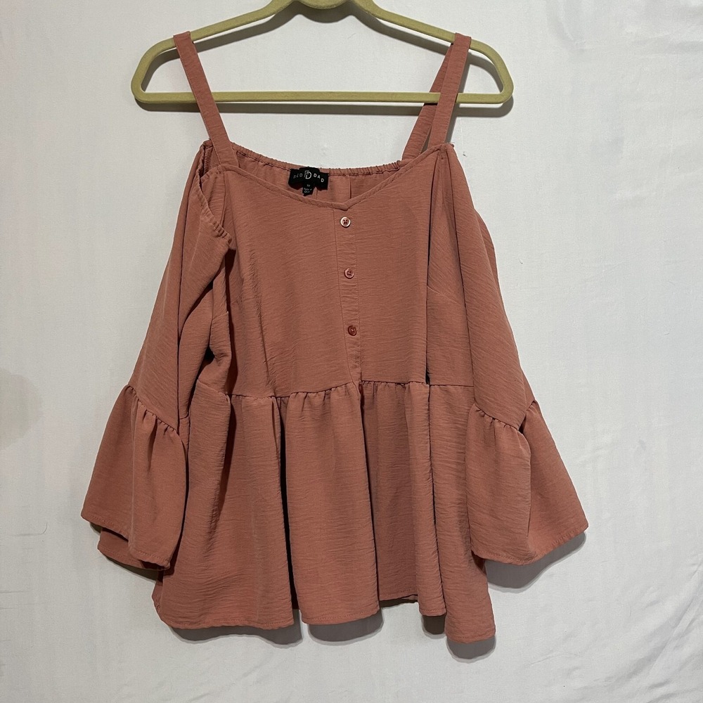 Fred David Blouse Top Women's 1X Mauve Cold Shoulder Bell Sleeve Wide Strap